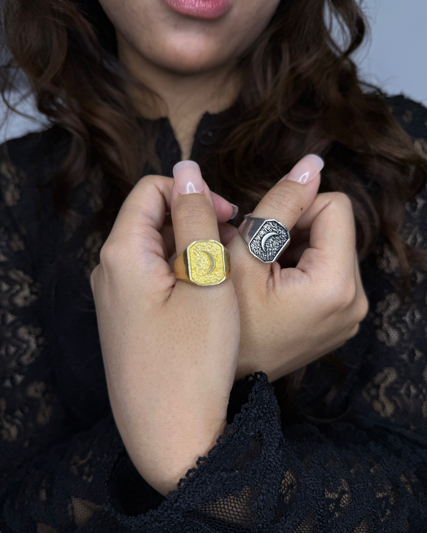 Celestial Crescent Signet Ring – Brass, Brass Ring, rings, unisex ring