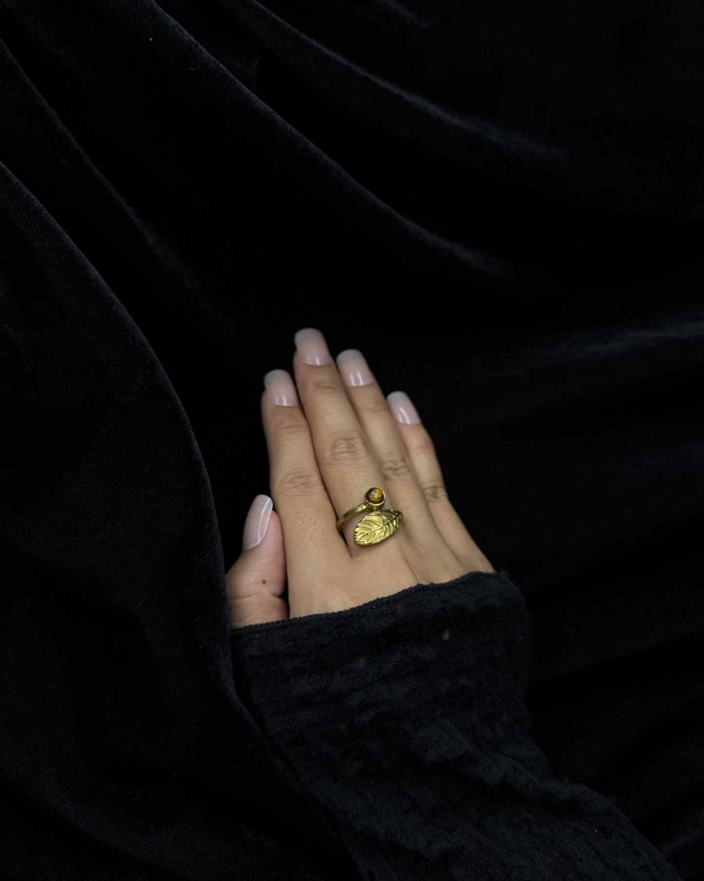 Golden Leaf Wrap Ring, Brass Ring, rings, unisex ring, stone ring