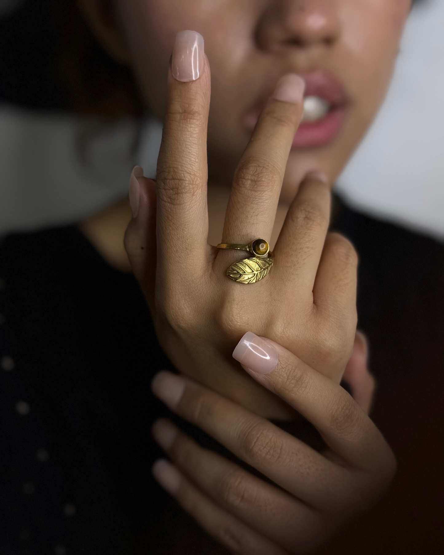 Golden Leaf Wrap Ring, Brass Ring, rings, unisex ring, stone ring