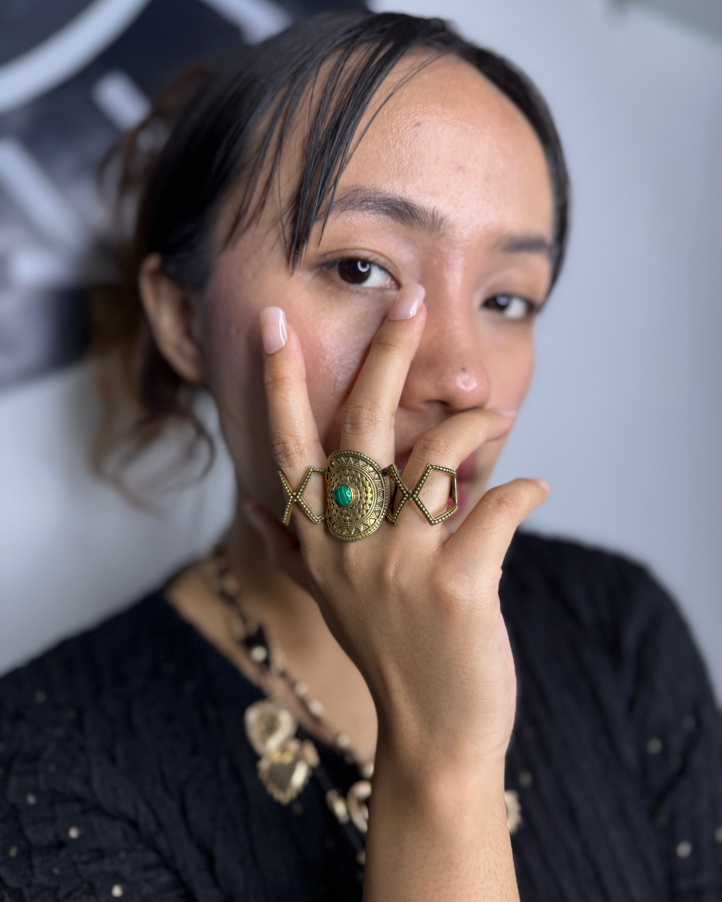 Tribal Shield Multi-Finger Brass Ring, Brass Ring, rings, unisex ring, stone ring
