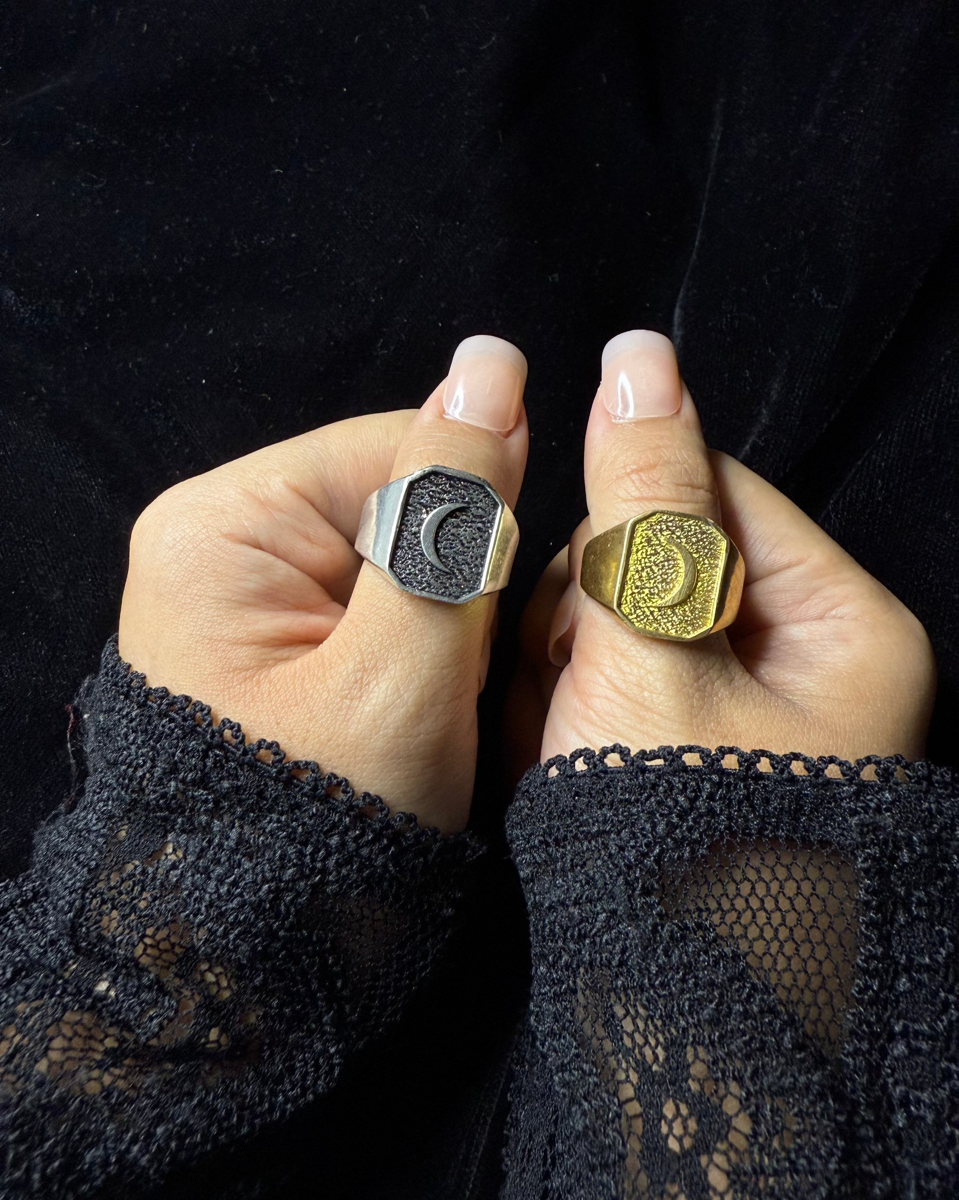 Celestial Crescent Signet Ring – Brass, Brass Ring, rings, unisex ring