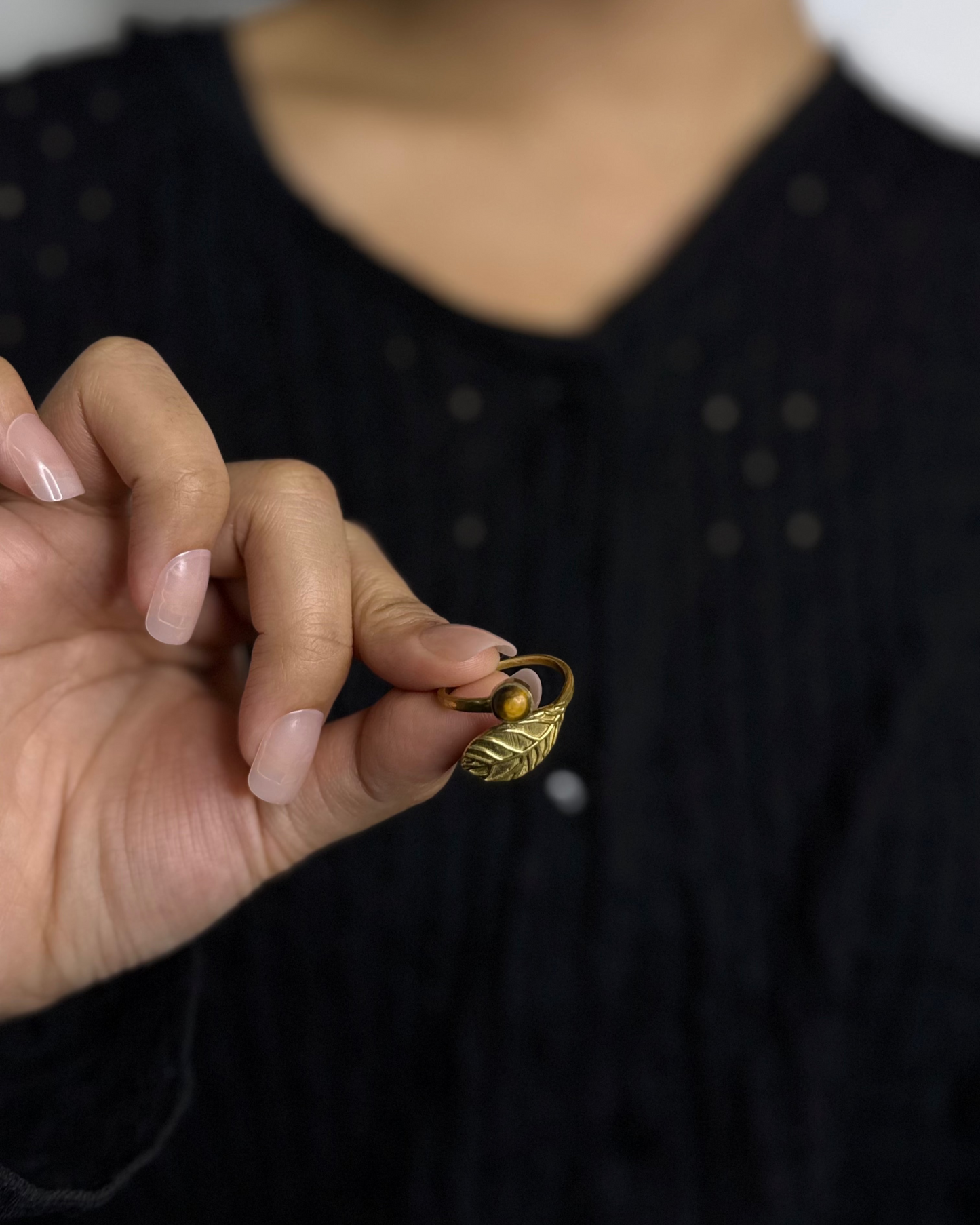 Golden Leaf Wrap Ring, Brass Ring, rings, unisex ring, stone ring