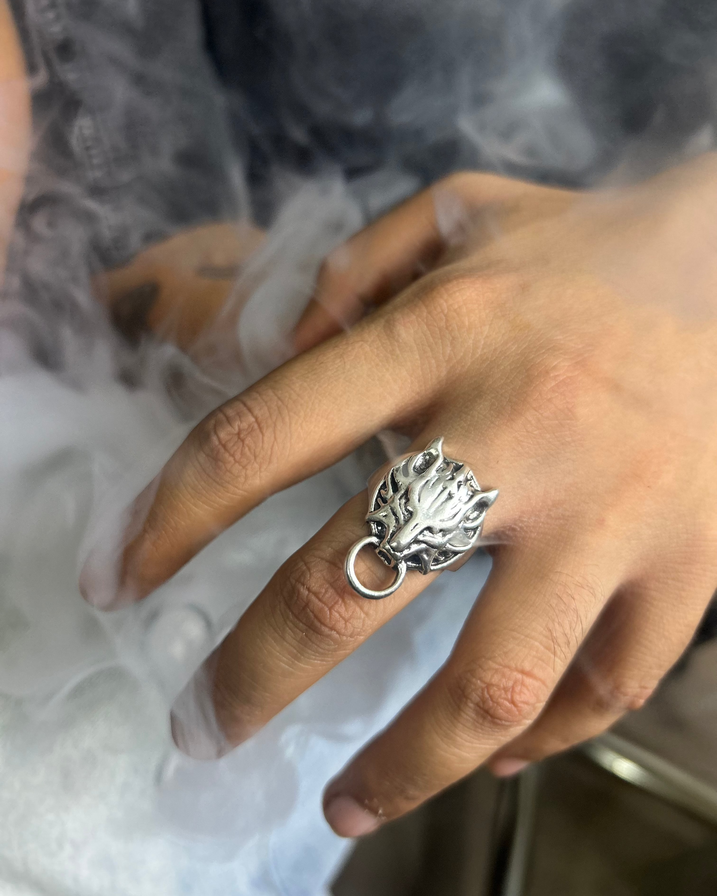 Wolf Head Ring with Piercing Hoop, Brass Ring, rings, Silver ring