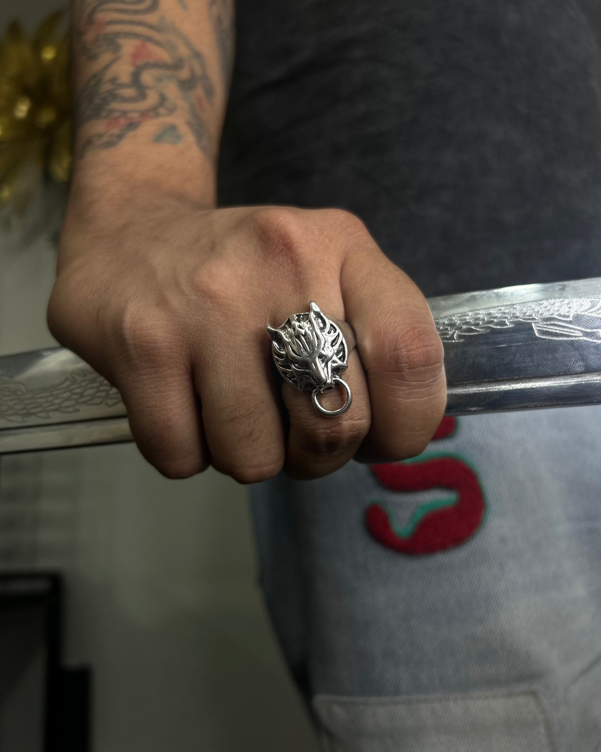 Wolf Head Ring with Piercing Hoop, Brass Ring, rings, Silver ring